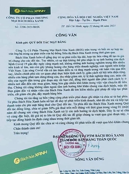 Bách Hóa Xanh gửi thư xin các chủ cho thuê mặt bằng giảm 50% giá thuê trong 1 năm