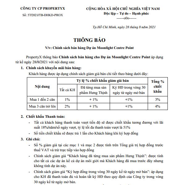 Chính sách bán hàng Moonlight Centre Point Bình Tân