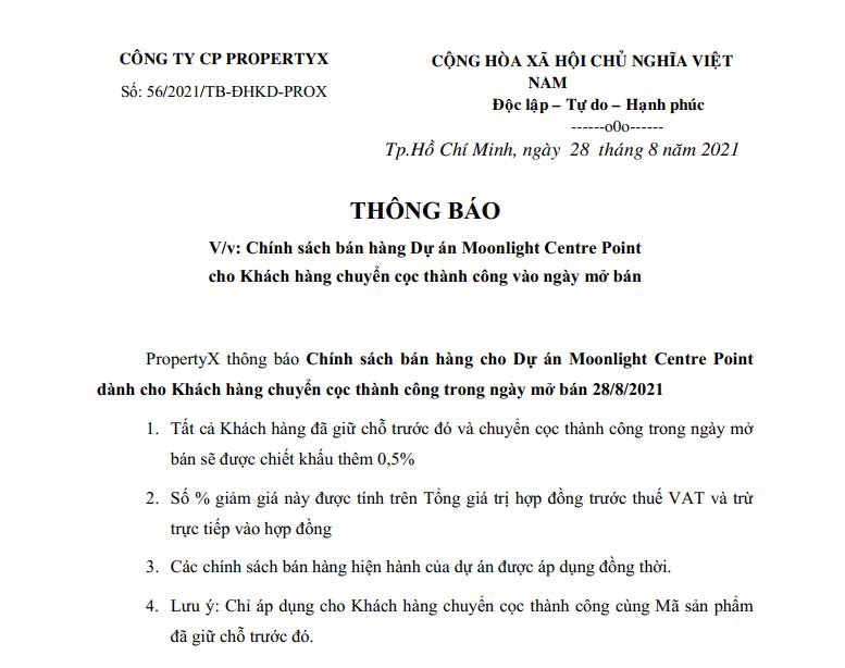 Chính sách bán hàng Moonlight Centre Point Tên Lửa