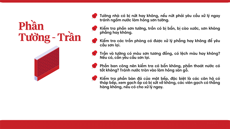 Đối với phần Tường - Trần của căn nhà khi nhận bàn giao nhà