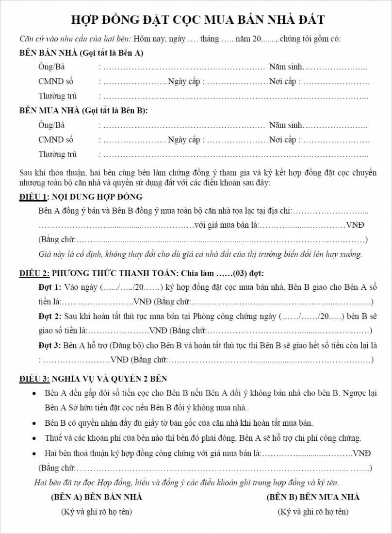 Hợp đồng đặt cọc bán nhà đất không ghi thời hạn, người nhận đặt cọc phải xử lý như thế nào