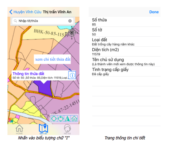 Khi tra cứu thành công: Phần mềm sẽ hiện thị trang thông tin thửa đất chi tiết