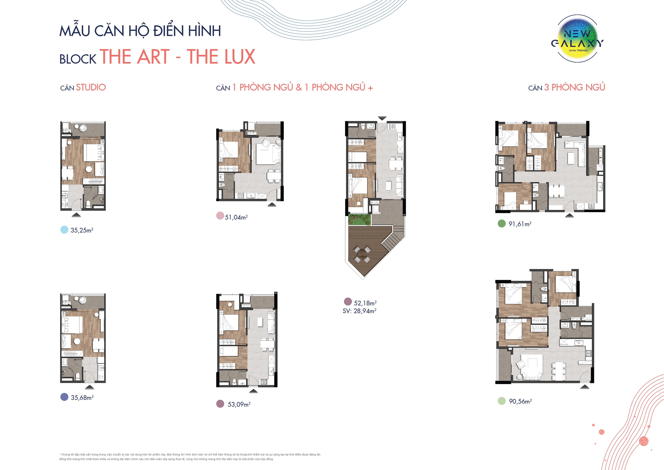 Mặt bằng căn hộ Studio -1 PN -3PN Block The Art - The Lux dự án New Galaxy Nha Trang