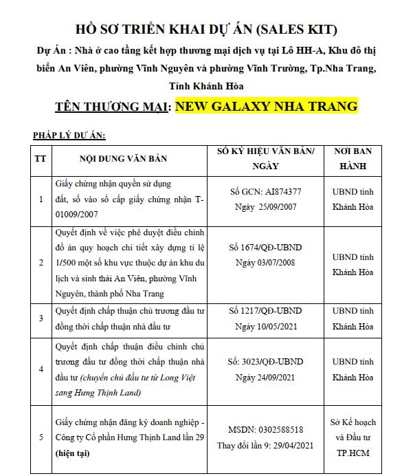 Hồ sơ pháp lý New Galaxy Nha Trang