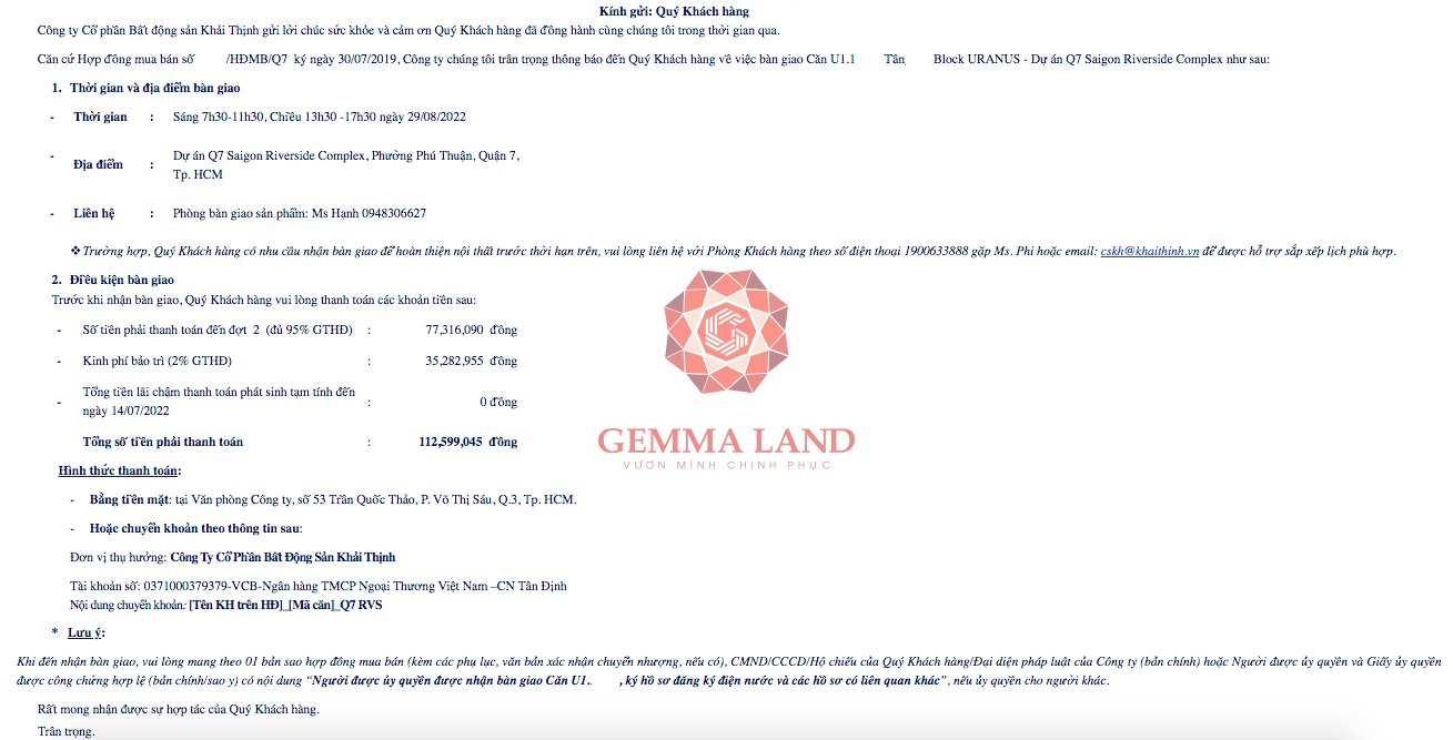 Hưng Thịnh bàn giao căn hộ Q7 SaiGon Riverside tại Tp. Hồ Chí Minh