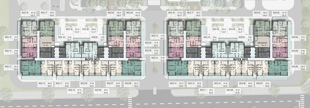 Mặt bằng block NO2 và NO3 tầng 13 và 22