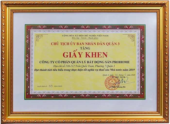 Tập Đoàn Hưng Thịnh Cty Prohome nhận giấy khen của quận 3
